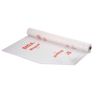 Barriera al vapore Siga Majpell 5R, rotolo con stampa rossa, per accessori isolanti.