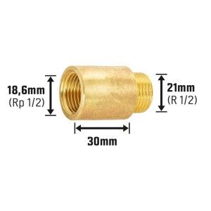Rallonge de robinet en laiton, 18,6 mm x 21 mm, longueur 30 mm, pour raccords filetés.