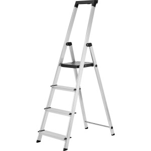 Scala domestica in alluminio a 4 gradini, altezza di lavoro 275 cm, portata max 150 kg.