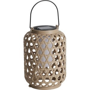 Lanterna solare beige in polipropilene con luce LED e gancio in metallo, alta 21,5 cm.