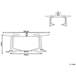 Schéma : Table basse Beliani Fresno, verre transparent, pieds argentés, dimensions 45x120x60 cm.