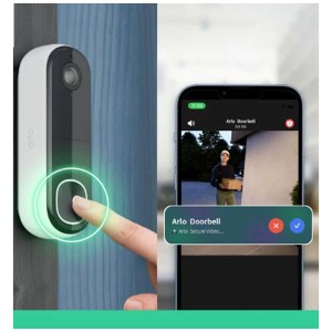 Arlo Essential Video-Türklingel AVD3001 HD mit Finger auf Klingel und Smartphone-Ansicht.