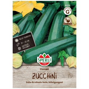 Graines de courgettes Sperli Diamant, 8 plantes. Courgettes vertes et fleurs jaunes sur l'emballage.