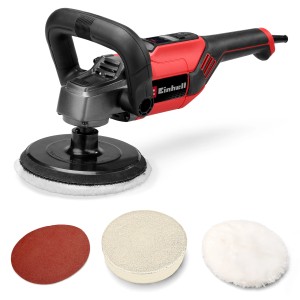 Polisseuse Einhell CC-PO 1100/150 CE avec accessoires pour l'entretien automobile et le ponçage.