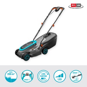 Gardena PowerMax 32/18V rasaerba a batteria con batteria e caricabatterie.