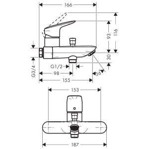 Disegno tecnico: Miscelatore vasca esterno Hansgrohe Logis, dimensioni e collegamenti.