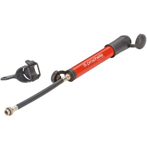 Mini pompa Prophete per pneumatici bici, rossa, con staffa e vano tubo.