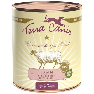 Terra Canis cibo umido per cani Classic Agnello, lattina da 800g con agnello, zucchine, miglio e aneto.