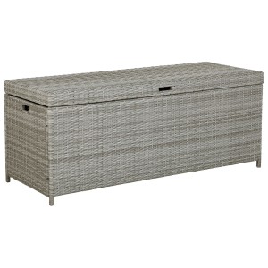 Coffre de rangement pour coussins de jardin Beliani Modena en résine tressée grise.