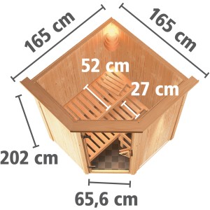 Sauna Karibu Lyra con tetto a LED, vista dall'alto con dimensioni. Sauna in legno con porta e panche.