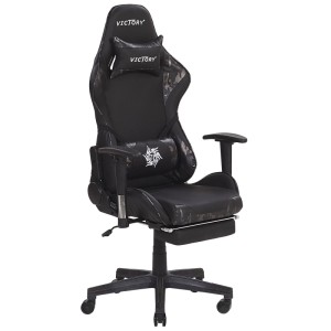 Sedia da gaming Beliani Victory, nero-grigia in similpelle, con poggiapiedi e schienale regolabile.