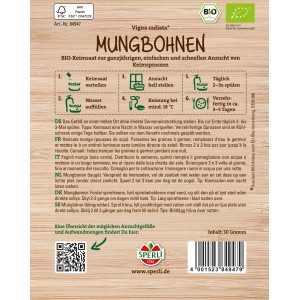 Confezione di germogli di fagioli mung BIO Sperli con istruzioni per la coltivazione.