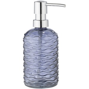 Dispenser sapone Wenko blu scuro in vetro con motivo in rilievo e pompa cromata.