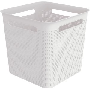 Dekorative weisse Rotho Brisen Aufbewahrungsbox aus Kunststoff, 18 l, mit perforiertem Muster und Griffen.