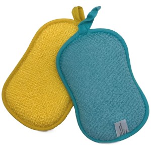 Deux éponges de nettoyage Livington Duo jaunes et turquoises. Microfibre avec côtés rugueux et fins pour un nettoyage polyvalent.