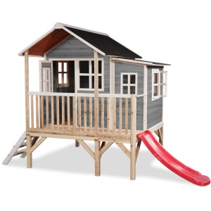 Maisonnette en bois grise EXIT Loft 350 avec toboggan, échelle et toit étanche.