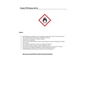 Presto PTFE spray 400 ml per riparazioni di vernice e carrozzeria, con simbolo di avvertimento.