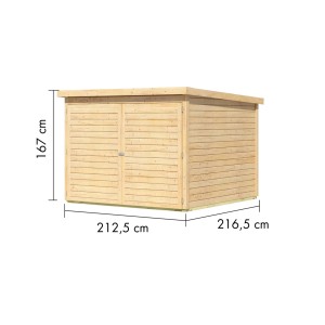 Garage per biciclette Karibu in abete naturale, 167x209x212 cm, per un massimo di 4 biciclette.