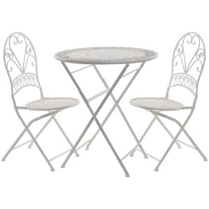 Set mobili da balcone bianco antico 3 pezzi con tavolo e due sedie con dettagli decorati.