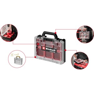 Einhell E-Case Half Size, scatola assortimento rosso-nera, con coperchio trasparente e maniglia. Valigetta porta attrezzi con scomparti.