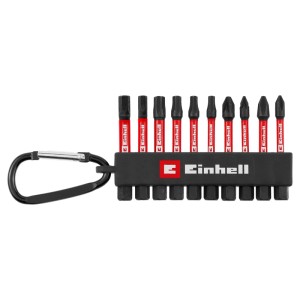 Set di 10 inserti Impact Einhell con moschettone. Supporto nero, inserti rossi per utensili.