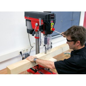 Trapano a colonna Einhell TE-BD 750 E che fora il legno, trapano da banco rosso con uomo.