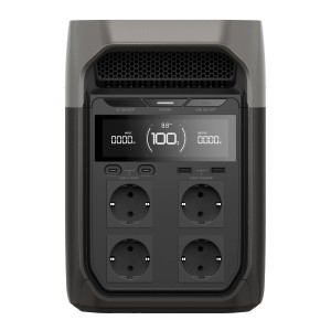Ecoflow Powerstation Delta 3 (gris, 1024 Wh) avec écran et prises.