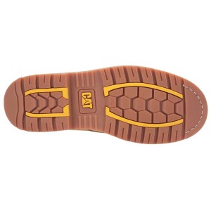 Semelle de la chaussure de sécurité marron Cat Powerplant S3, taille 40, avec semelle jaune.