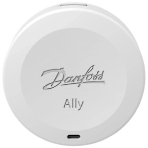 Weißer Danfoss Ally Raumsensor für smarte Heizungssteuerung mit Zigbee.