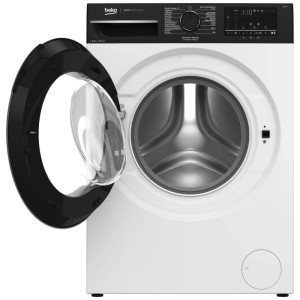 Lave-linge frontal Beko WM350 blanc, 9 kg, 1400 tr/min. Porte ouverte, tambour en inox visible.