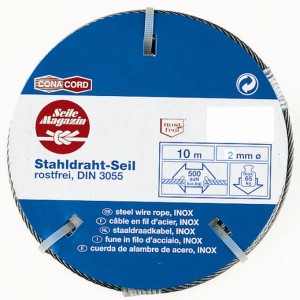 Câble métallique, Ø 2 mm x 10 m, acier inoxydable, enroulé sur disque cartonné.