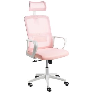 Chaise de bureau Monarch rose: dossier en maille, appuie-tête, accoudoirs, roulettes. Fauteuil pivotant confortable.