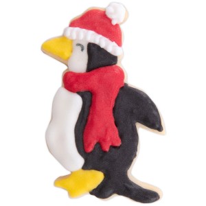 Dekorierter Weihnachtspinguin Keks mit roter Mütze und Schal. Ausstechform Edelstahl 6 cm.