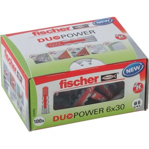 Confezione Fischer DuoPower 6x30 mm, tassello universale per fissaggi sicuri.