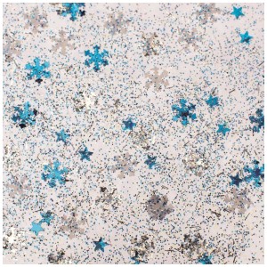 Glorex Glitterglue Confetti Snow blau/silber: Detailaufnahme von blauem und silbernem Glitzer in Stern- und Schneeflockenform.