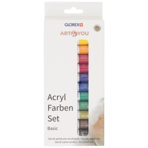 Glorex Acrylfarben-Set Basic, 12 bunte Tuben à 12 ml in weißer Verpackung, ideal für Künstlerzubehör.