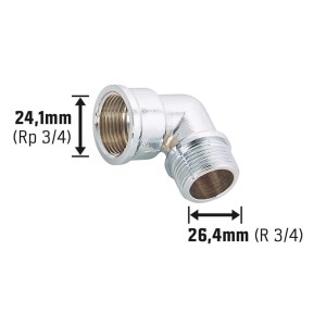 Raccordo a gomito filettato in ottone cromato 24,1/26,4 mm per tubi acqua potabile e riscaldamento.