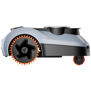 Robot tondeuse Navimow i220E LiDAR Pro, vue latérale. Gris, détails noirs, accents orange.