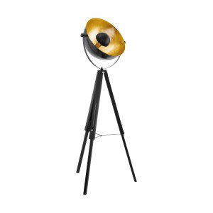 Lampadaire trépied Eglo Covaleda, noir-laiton-doré, bois et acier.