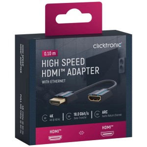 Adaptateur HDMI flexible avec fiche et prise dans l'emballage du produit. Accessoire vidéo pour connexions flexibles.