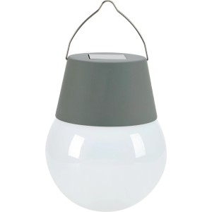 Lampe solaire LED grise (Ø 10 cm) avec crochet pour usage extérieur.