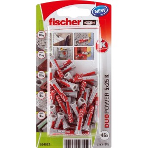 Fischer Tasselli Duopower 5x25 K NV, set di tasselli rossi e grigi.