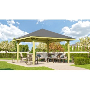 Gazebo in legno impregnato Weka Paradise 357x357 cm con mobili in giardino.