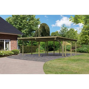 Karibu Doppelcarport Eco aus Holz mit PVC Dachplatten im Garten.