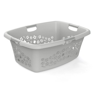 Cesto portabiancheria Rotho Flowers grigio, 50 l, con decoro floreale e manici.