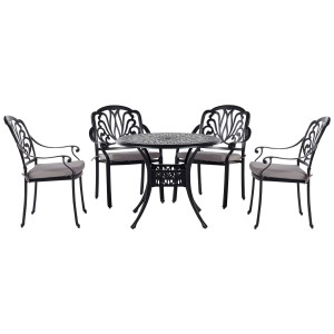 Ensemble de mobilier de jardin Beliani Ancona noir en aluminium avec 4 chaises et coussins beiges.