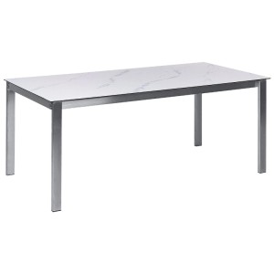 Tavolo da giardino rettangolare Cosoleto con piano in vetro effetto marmo bianco e robusta struttura in acciaio inox.