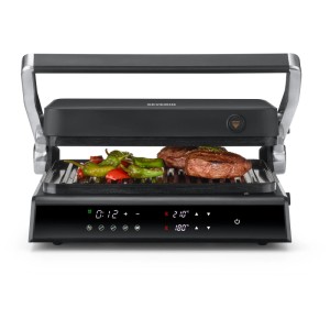 Grill elettrico nero Severin KG2399 Sevini Comfort con verdure e bistecca.