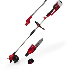 Einhell Power X-Change GE-LM 36/4in1 : Outil multifonction sans fil avec coupe-bordure, débroussailleuse, élagueuse et taille-haie en rouge.