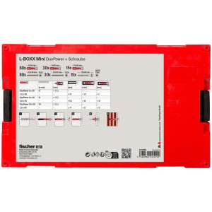 Fischer L-BOXX Mini con tasselli e viti DuoPower, set di tasselli da 210 pezzi in scatola di plastica rossa.